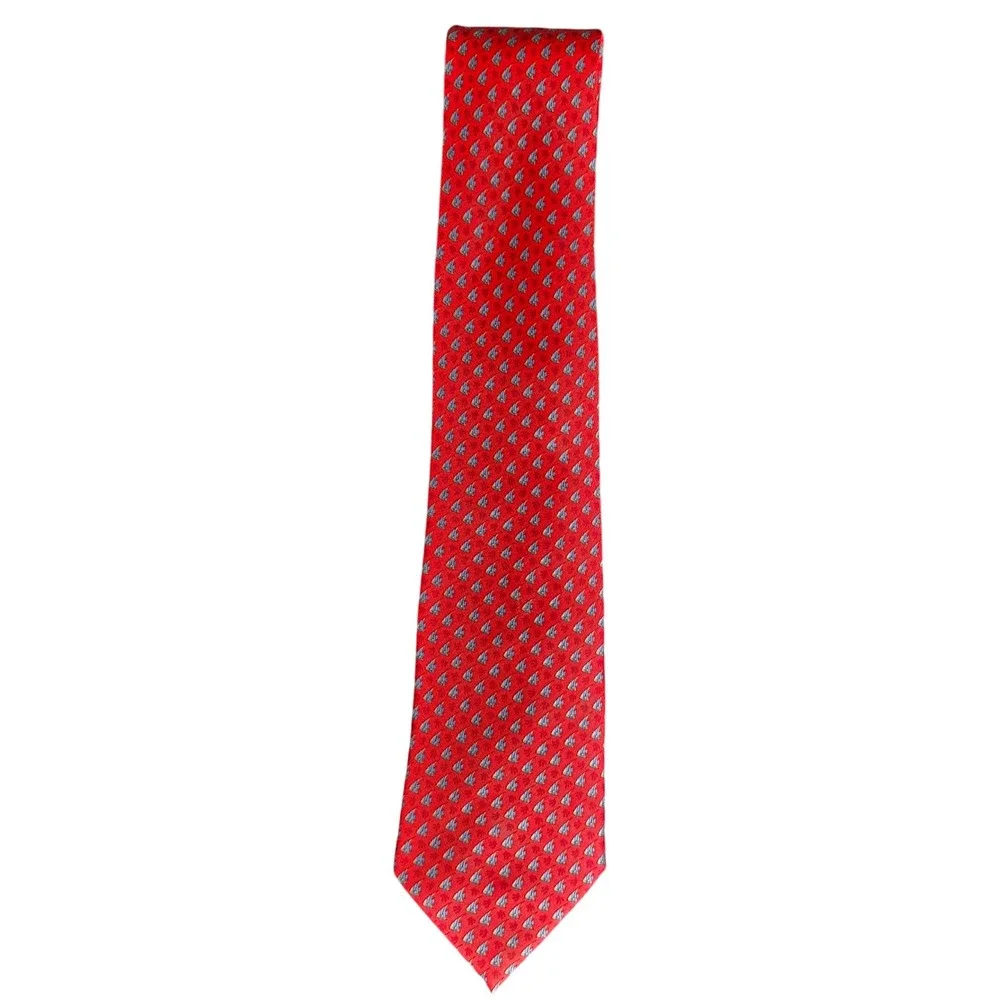 J Crew Mens Red‎ Silk Tie Fish Sailing Ship Pattern Nautical Made in Korea